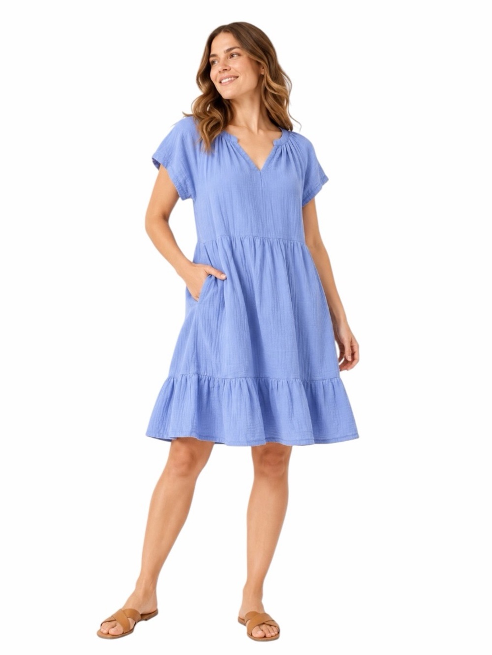 Pact - Coastal Double Gauze Throw-and-Go Dress Blue Organic Cotton Sz M